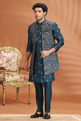 Rama Blue Silk Embroidered and Sequin Worked Jacket Indo Western Set